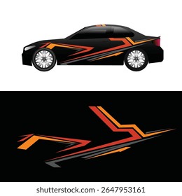 Moderno carro vetor decalque livery com listras angulares afiadas em tons de laranja, amarelo e cinza em um sedan preto. 