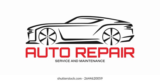 Modern vector car logo for auto repair shop. Sleek sports car silhouette on white background. Perfect for use in auto repair shops, car services. Editable and scalable vector graphics.