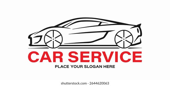 Modern vector car logo for auto service. Sleek sports car silhouette on white background. Perfect for use in car repair shops, auto services. Editable and scalable vector graphics.