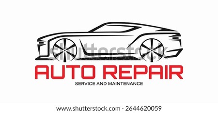 Modern vector car logo for auto repair shop. Sleek sports car silhouette on white background. Perfect for use in auto repair shops, car services. Editable and scalable vector graphics.