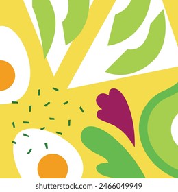 Modern vector card with food, breakfast, vegetables, eggs, avocado, bread and lettuce leaves and greenery. Abstract vegetable design in bright color