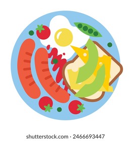 Tarjeta de Vector moderna con comida, desayuno, verduras, huevos, aguacate, pan, salchichas, ketchup, tomate, guisantes verdes y hojas de lechuga y vegetación. Diseño vegetal Abstractas en color brillante