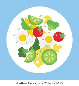 Modern vector card with food, breakfast, vegetables, eggs, avocado, tomato, cucumber, mushrooms, cheese, green peas and lettuce leaves and greenery. Abstract vegetable design in bright color.