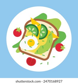 Tarjeta de Vector moderna con comida, desayuno, verduras, huevos, aguacate, pan, tomate, pepino, queso, guisantes verdes y hojas de lechuga y vegetación. Abstractas diseño vegetal en color brillante.