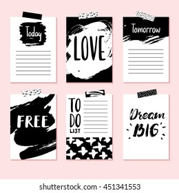 Modern vector card set for planner, journaling, scrapbooking, congratulations, invitations with stickers. Abstract ink dry brush illustrations with strokes and textures. Freehand lettering.