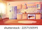 Modern vector cartoon style illustration of kitchen room with fridge, oven with a stove and hob, sink, kabinets and extractor hood with kitchen appliances.