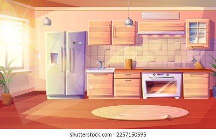 Modern vector cartoon style illustration of kitchen room with fridge, oven with a stove and hob, sink, kabinets and extractor hood with kitchen appliances.