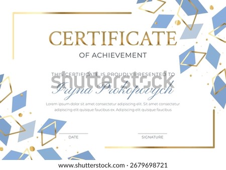 Modern vector certificate template with golden frame and blue diamond shapes on white background. Perfect for diploma, award, appreciation or recognition document design.