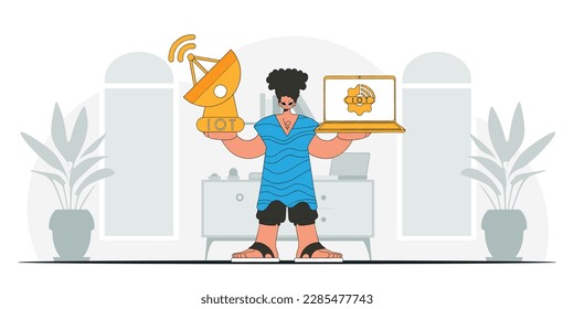 A modern vector character, with a laptop and a satellite dish, ready for the Internet of Things.