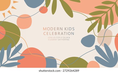 Una invitación de fiesta infantil de Vector moderno con hojas de plantas abstractas, Formas pastel, un sol y líneas onduladas sobre un fondo beige. Una Plantilla de póster moderna con espacio para texto.