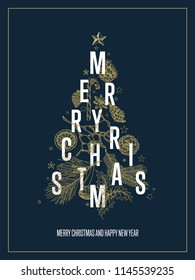 Modern vector christmas card template with christmas tree made from various christmas elements