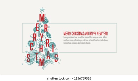 Modern vector christmas card template with christmas tree made from various christmas elements - light version with frame