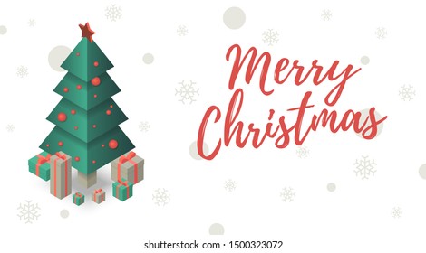 Modern vector Christmas Card or web banner with isometric christmas tree and gifts around it