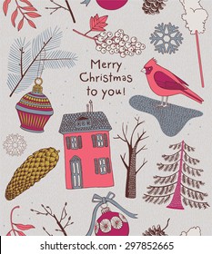 Modern vector Christmas card with winter berries, trees and bird