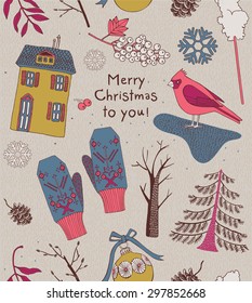 Modern vector Christmas card with winter berries, trees and bird
