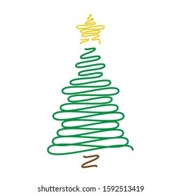 Modern vector christmas tree design. Green tree with golden star on the top. Isolated on the white background. Looks like handy drawing.