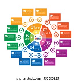 Modern vector circular infographics. The pattern of the 5 options with symbols and space for text. Business concept for presentations, web design, a circular graph.
