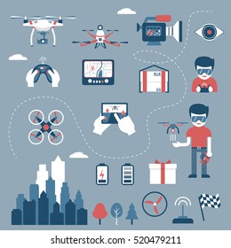 Modern vector clipart set of various icons for quadrocopter, remote control and items on isolated background. Excellent choice for web design or print. Air drone infographic elements. 