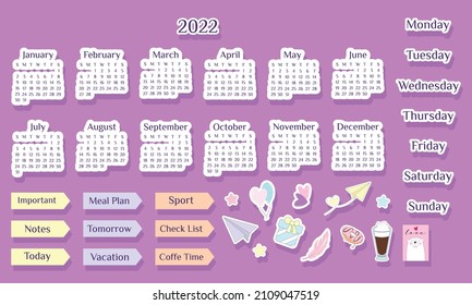 Moderne Vektorgrafik-Kollektion von wöchentlich erscheinenden monatlichen Planervorlagen mit bunten Elementen. Set von Aufklebern Vorlagen mit Kalender 2022 Woche Starts am Sonntag