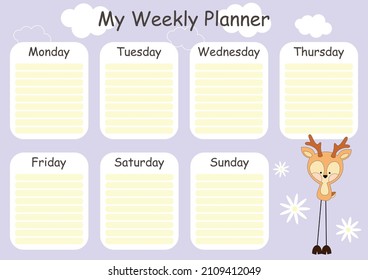 Modern vector collection of daily weekly monthly planner printable template with colorful elements for children with colorful background. Scandinavian deer illustration. Page a4. School schedule