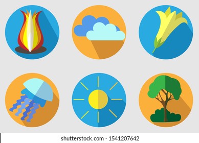 Modern vector collection of flat icons set with long shadow effect of nature theme - flower, clouds, sun, tree, fire and medusa. Isolated on grey background.