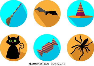 Modern vector collection of flat icons set with long shadow effect of halloween theme - broom, black bat, hat, black cat, spider, sweet. Isolated on white background.
