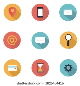 Colección vectorial moderna de iconos planos con sombra. En colores elegantes y a la moda de los productos de negocios y de marketing. Aislado sobre fondo blanco.
