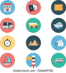 Modern vector collection of flat icons  effect in stylish travel, tourism and vacation colors. Isolated on white background.
