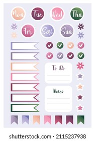 Modern vector collection of stickers for daily weekly monthly planner printable template with colorful elements. Set of note paper, to do list, stickers templates. Blank notebook page A4