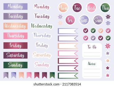 Colección vectorial moderna de pegatinas para planner semanal diario de plantilla imprimible con elementos coloridos. Conjunto de papel de nota, para hacer lista, plantillas de stickers. Página A4 del bloc de notas en blanco. 