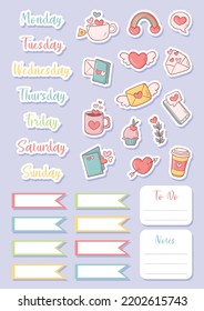 Modern vector collection of stickers for daily weekly monthly planner printable template with colorful elements. Set of note paper, to do list, stickers templates. Blank notebook page A4 printable 