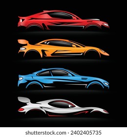 Silhouettes de coche de color vectorial moderno en vista lateral. Aislado sobre un fondo negro.