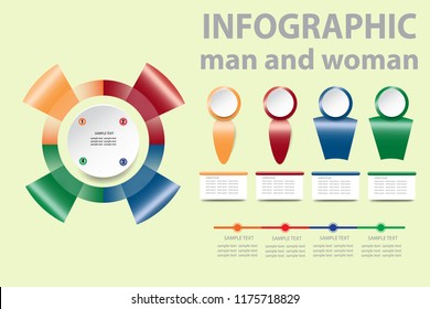 Modern vector of colorful gradient circle template made of four red, green, blue and yellow metal shapes. Timeline, labels and symbols of man and woman are ready for your tex