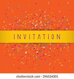 Modern vector colorful invitation card design template with a yellow silky stripe copy space, hand lettering and confetti. magical abstract geometric theme on deep orange background