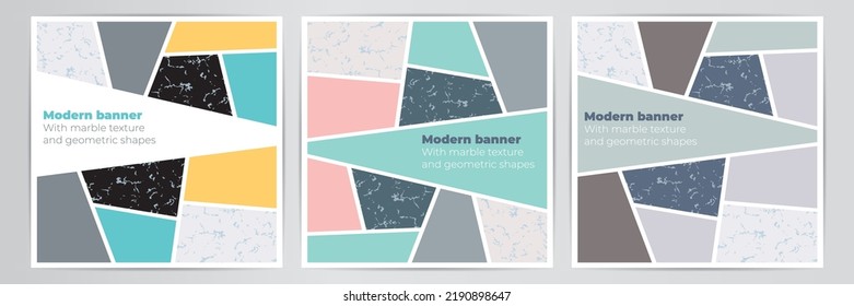 Cubierta vectorial moderna con textura de mármol y formas geométricas.
