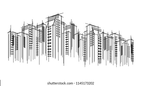 Modern vector dark city horizon scape sky scraper outline hand drawn background. Architectural business building copy black flat line template design.