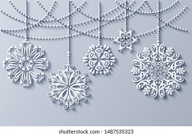 Modern vector decorative ornamental Christmas tree toys. Trendy craft style illustration. 3d effect imitation card