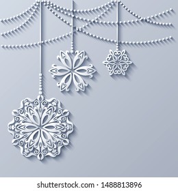 Modern vector decorative ornamental Christmas tree toys. Trendy craft style illustration. 3d effect imitation card