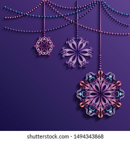 Modern vector decorative ornamental Christmas tree toys. Trendy craft style illustration. 3d effect imitation card