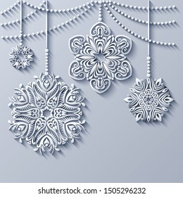 Modern vector decorative ornamental Christmas tree toys. Trendy craft style illustration. 3d effect imitation card