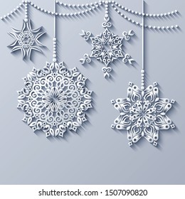 Modern vector decorative ornamental Christmas tree toys. Trendy craft style illustration. 3d effect imitation card