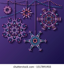 Modern vector decorative ornamental Christmas tree toys. Trendy craft style illustration. 3d effect imitation card