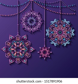 Modern vector decorative ornamental Christmas tree toys. Trendy craft style illustration. 3d effect imitation card