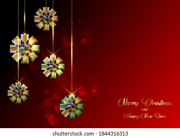 Modern vector decorative ornamental Christmas colorful Ribbon bows, holiday and celebration banner, vector isolated on dark red luxury background 