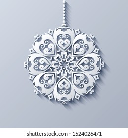 Modern vector decorative ornamental snowflake. Trendy craft style illustration. 3d effect imitation