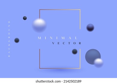 Modern vector design with golden frame and flying spheres on the light purple background
