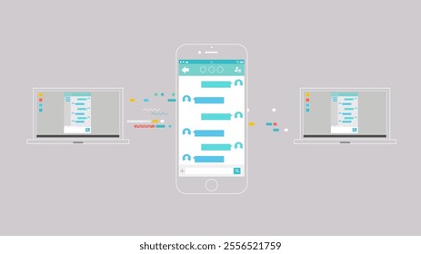 Modern vector design illustrating seamless messaging across devices, featuring a smartphone and laptops with minimalistic icons and colorful accents, symbolizing communication and connectivity.