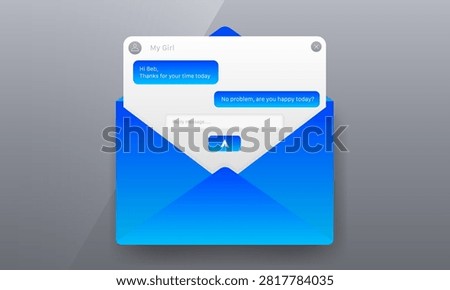 A modern vector design layout combining a traditional blue open letter envelope with a digital chat messenger interface