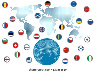 modern vector design with map of the world, dimensional globe and some of flags isolated on white background