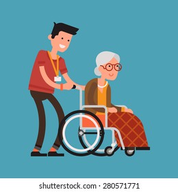 Modern vector design on senior woman in wheelchair with careful man | Young volunteer man caring for elderly woman | Adult man helping and supporting old aged female